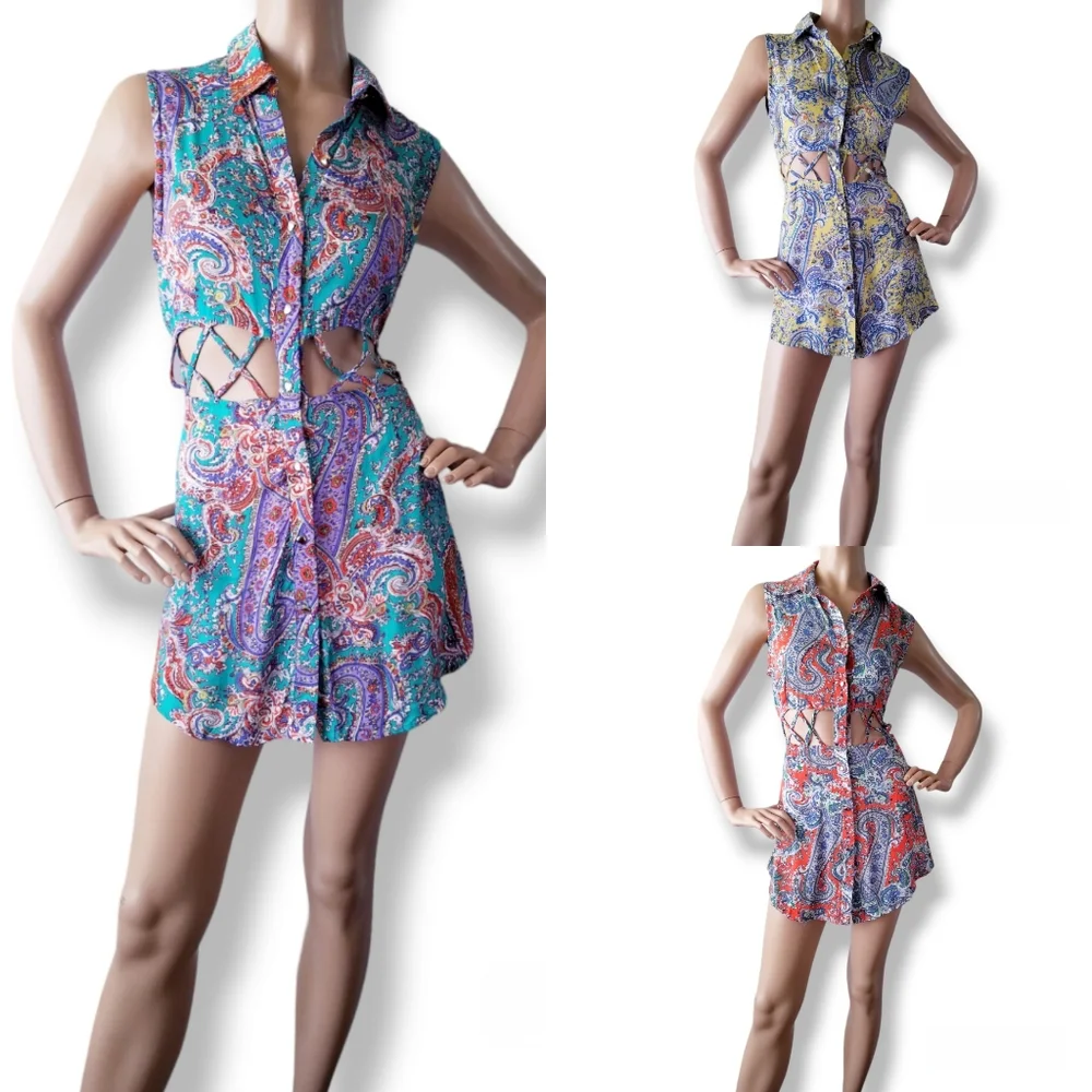 The Hanger Paisley Blue, & Yellow Criss Cross Cutout Waist Collared Dress - Picture 9 of 9